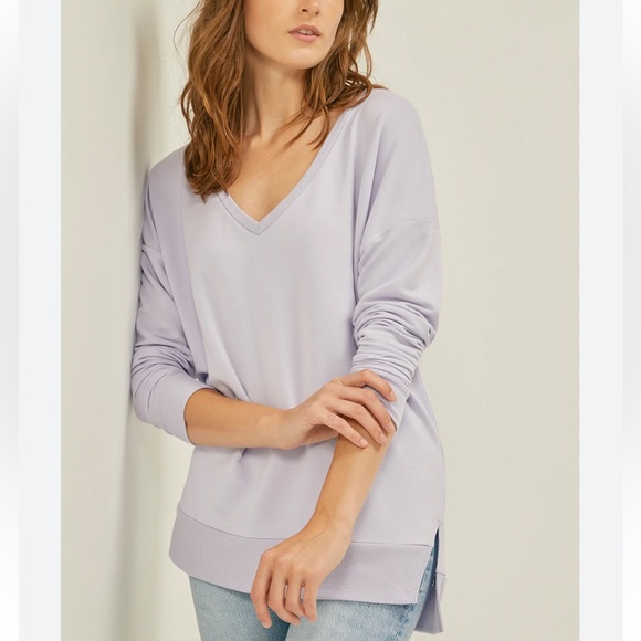 Three Dots Recycled Terry V-Neck Pullover Sweater Womens L Purple 3/4 Sleeve - Picture 2 of 10